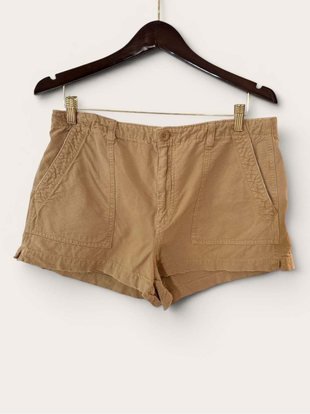 Aerie Women Tan Khaki Corduroy Utility Cargo Shorts Elastic Waist Size Large